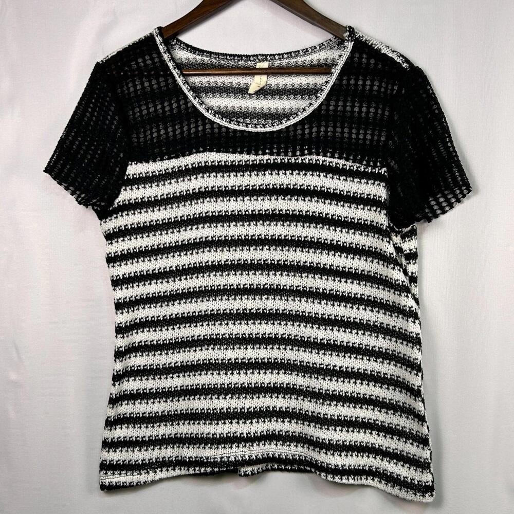 Janeric Women Large Black White Striped Knit Top Textured Sleeves Stretch Blouse